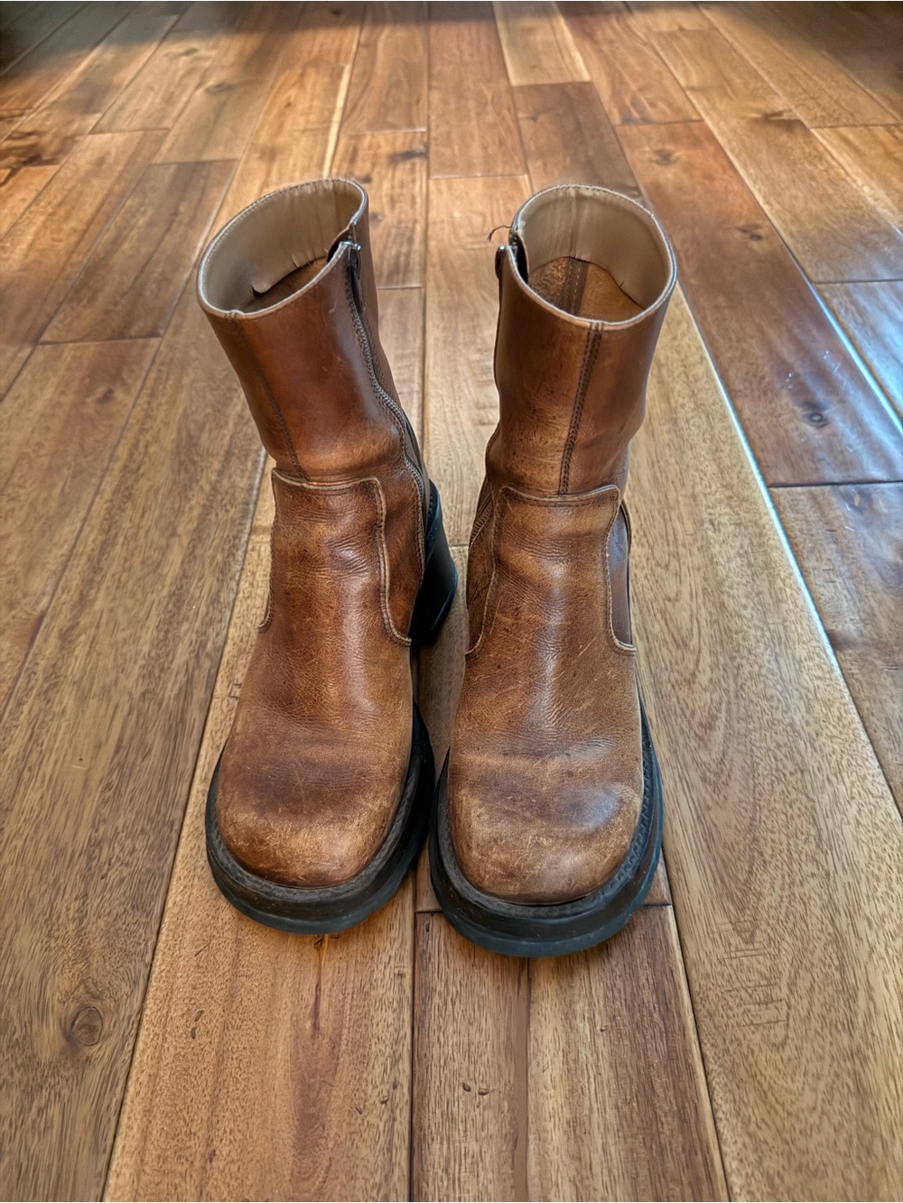 Steve Madden Brown Leather Ankle Zip Boots with Chunky Sole